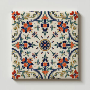 Vibrant Majolica Floral Medallion Tile Poppy Red, Blue & Green